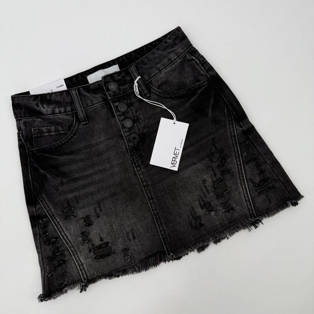 New Vervet‎ Women's Claudia Distressed Raw Denim Mini Skirt Size XS Black